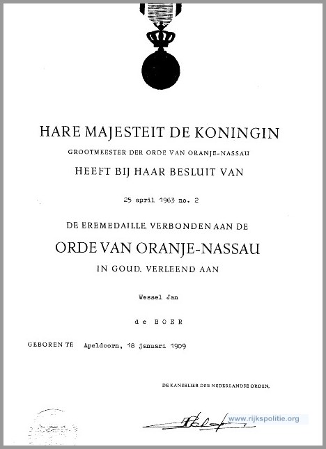 RPVKG Maastricht 1963 Orde van oranje Nasau W.J. de Boer(7V)
