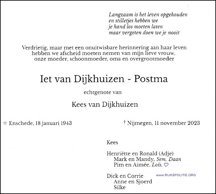 LEL VKG Nijmegen overlijden Iet van dijkhuizen bw(7V)