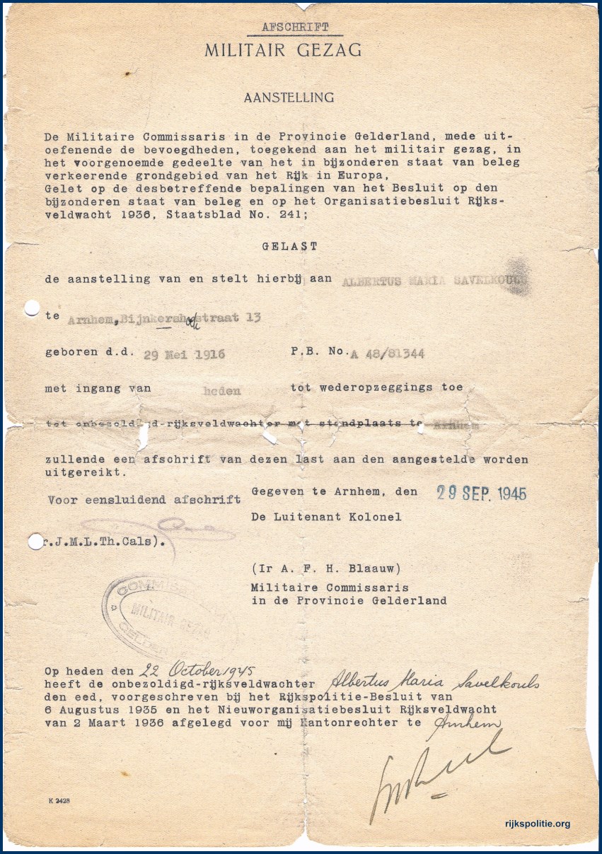 RPtW Alg Archief Savelkouls 1 Aanstelling 29-9-1945 (VT)