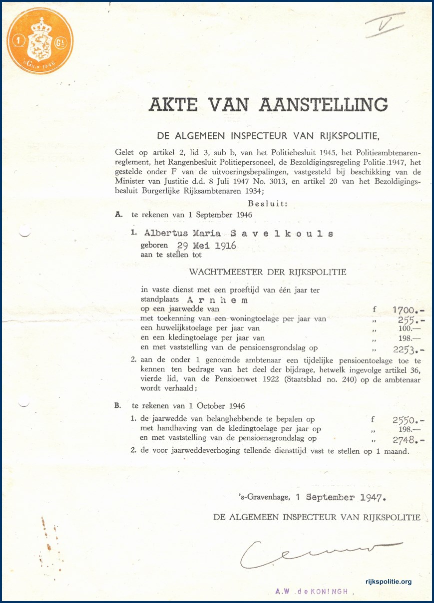 RPtW Alg Archief Savelkouls 3 Aanstelling 1-9-1946 (VT)